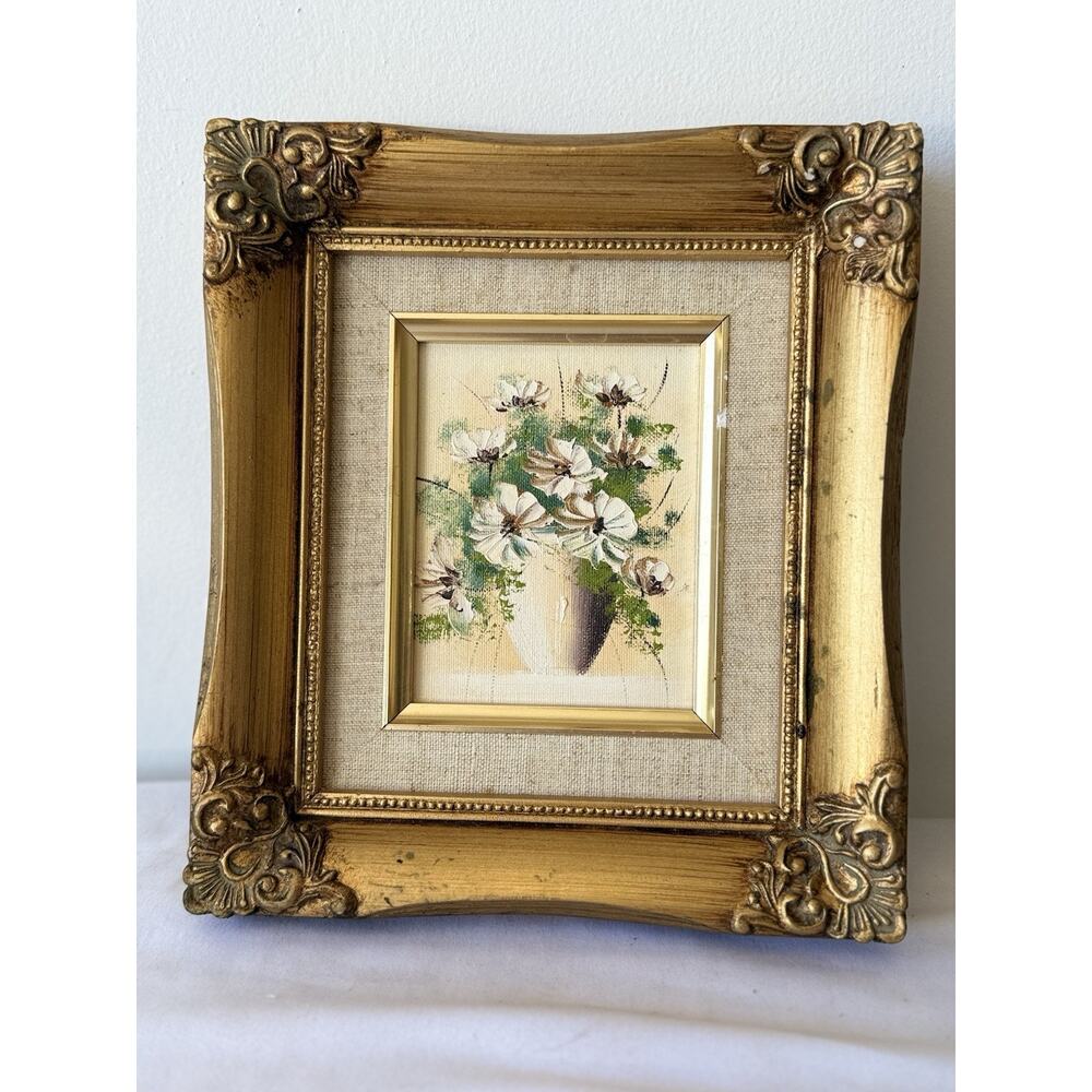 Vintage Original Blue Floral Oil/ Board Painting W/Ornate Gold Frame 9”x8”